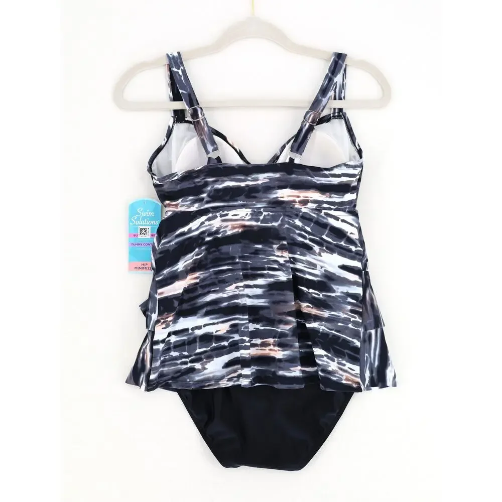 Swim Solutions Black Abstract Tiered Tummy Control One-Piece Swimsuit Size US 8 - Picture 6 of 6